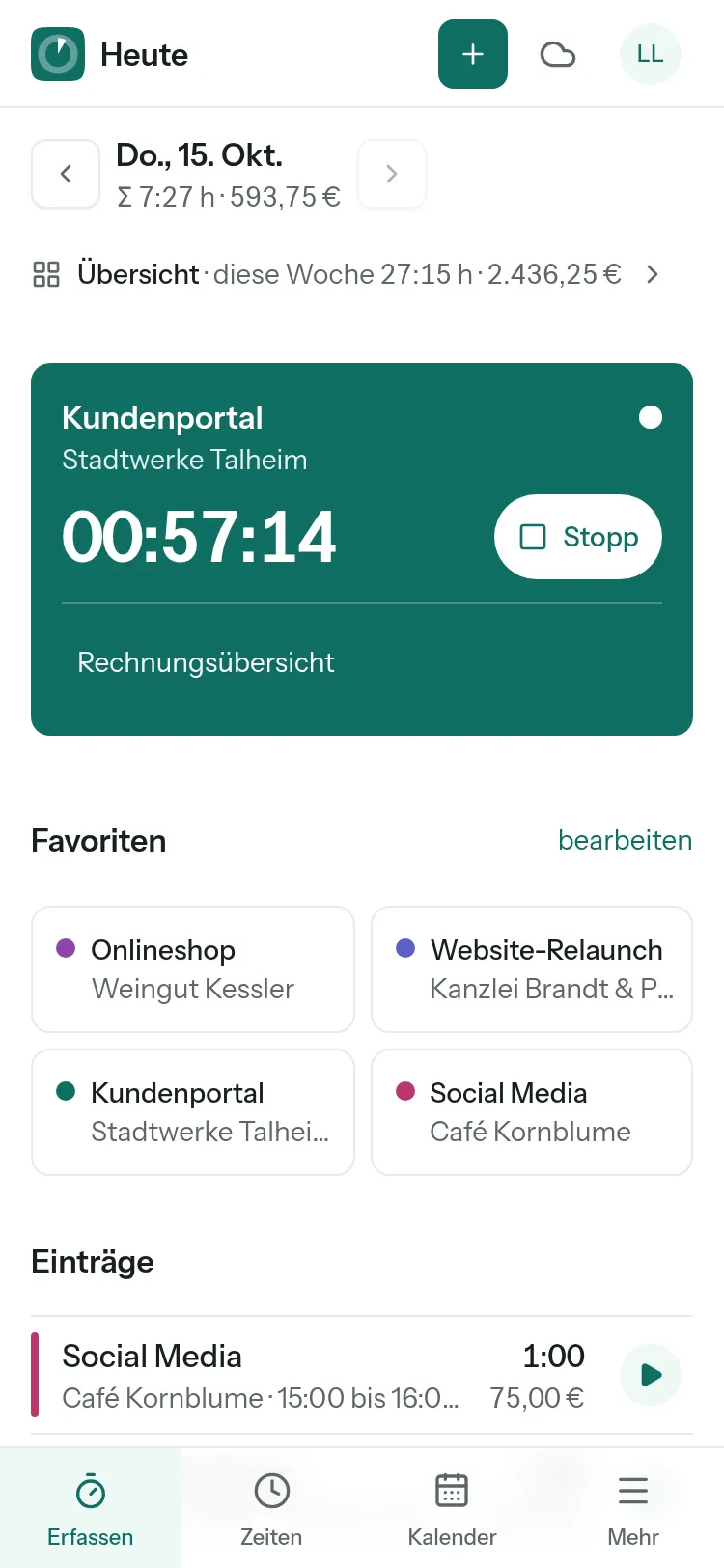 Erfassen in der App: Start mit einem Tipp, Favoriten und die Einträge von heute