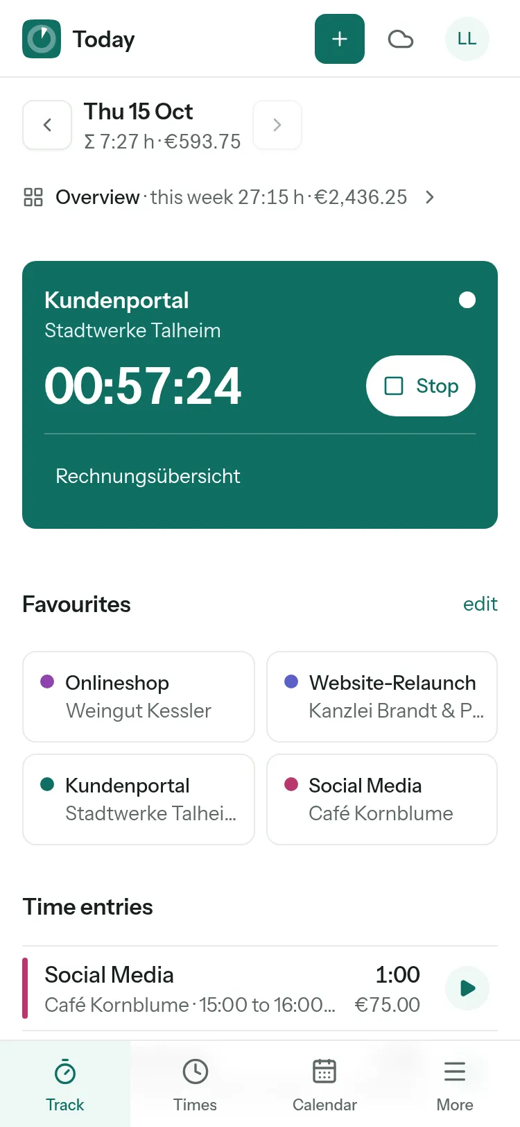 Tracking in the app: one-tap start, favourites and today’s entries