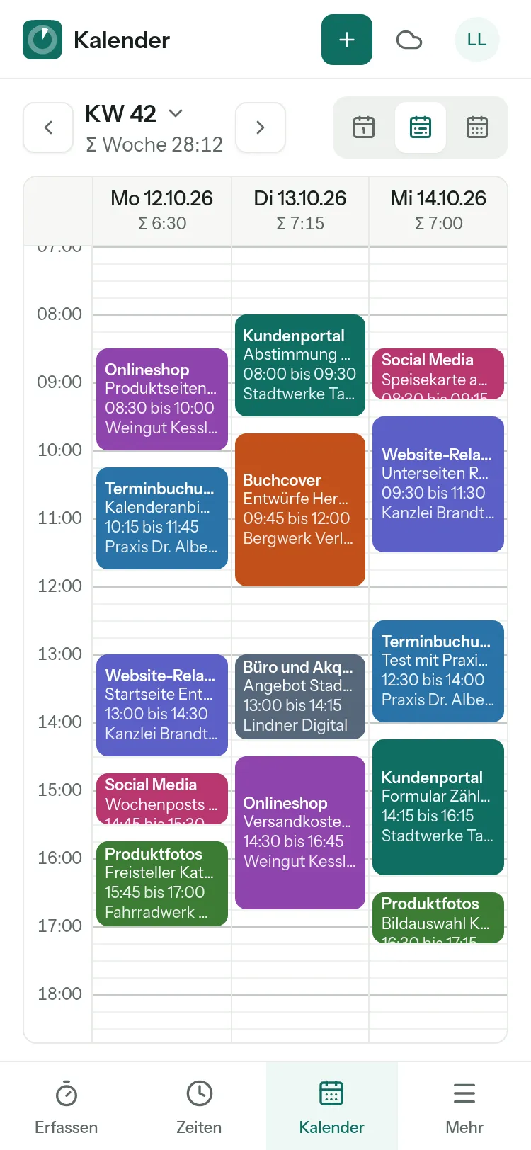 Kalender in der Wochenansicht mit Einträgen in Projektfarben