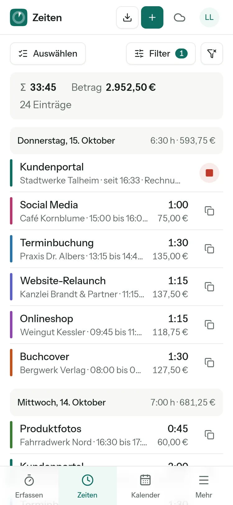 Zeitliste mit Tagessummen, gerundeten Zeiten und Beträgen