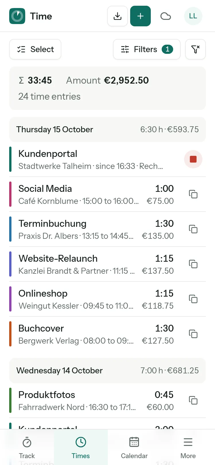 Time list with daily totals, rounded times and amounts